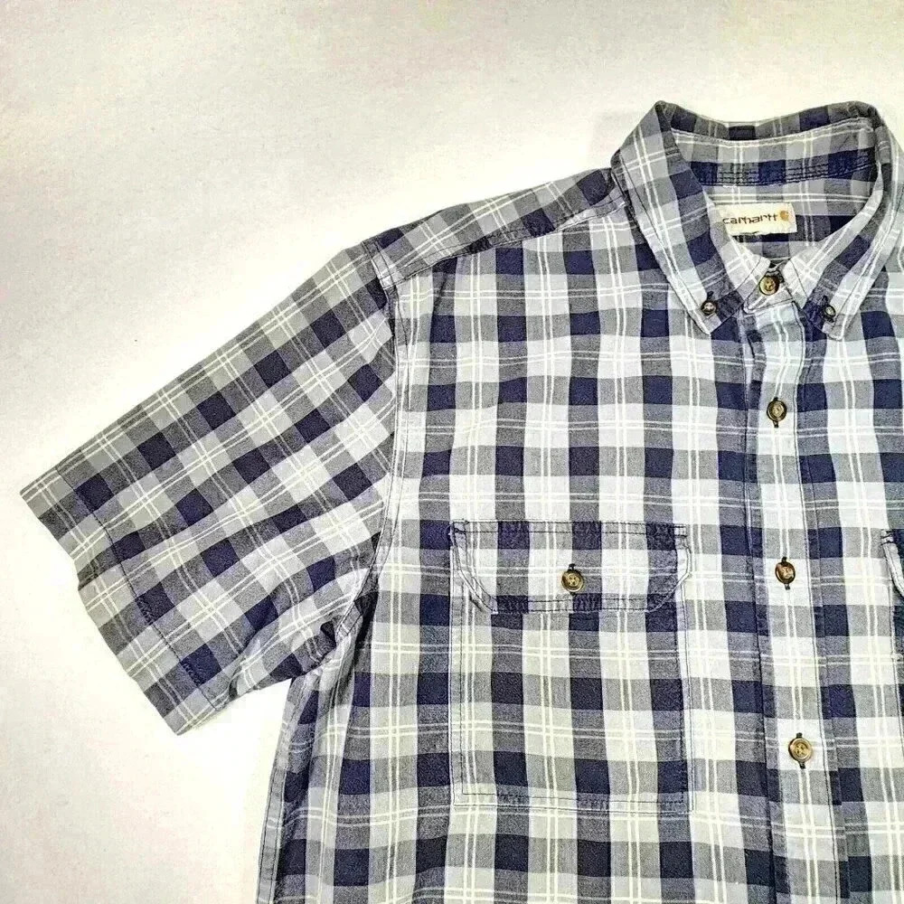 Carhartt Men's Loose Fit Midweight Shirt Large Short Sleeve Blue Plaid Button Up - Picture 6 of 15